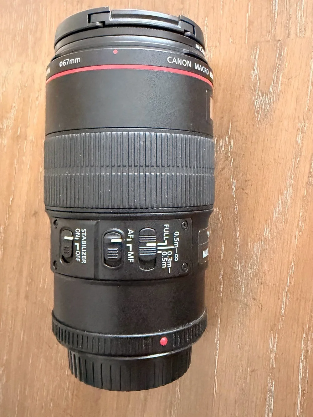 Canon 100mm Macro Lens with Red Accent and Black Body